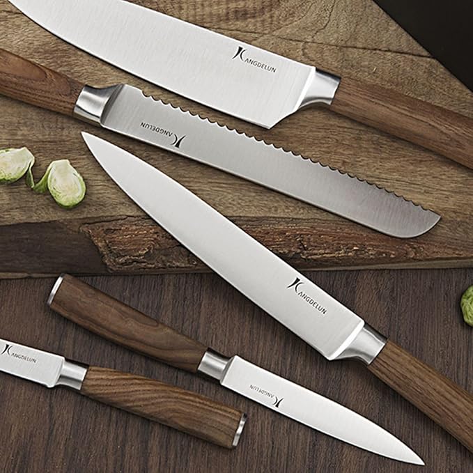 KANGDELUN 15-Piece Kitchen Knife Set with Block & Sharpening Steel, Ultra Sharp 50Cr15MoV High Carbon Stainless Steel, Brown Ash Wood Handle, Dark Brown Block, 6 Steak Knives, Chef Knife & Shears