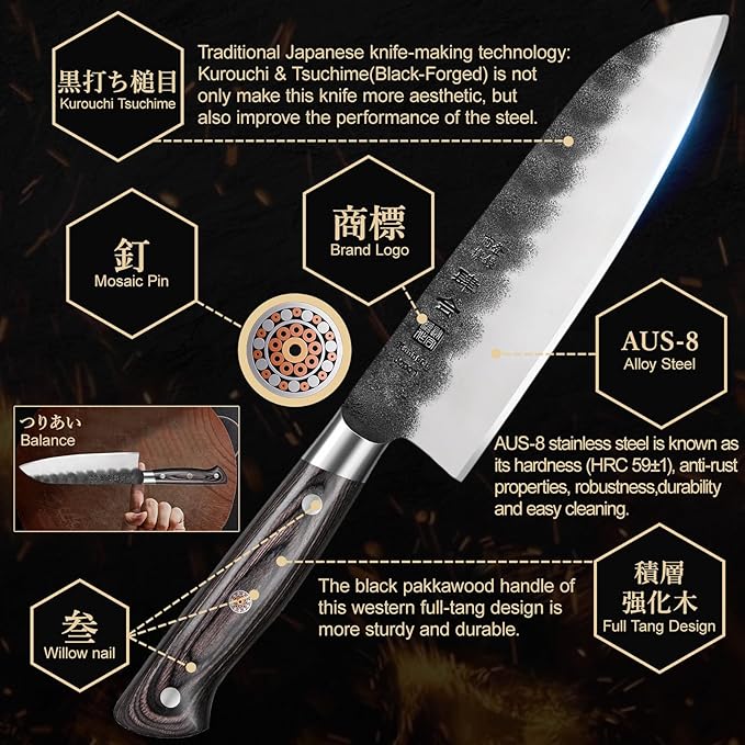 kanngou 7 Inch Santoku Knife, Black Forged Japanese Chef Knife with AUS-8 Alloy Steel, Japanese Santoku Knife with Full Tang Pakkawood Handle, Christmas Gift with Premium Box (7 Inch Santoku Knife)