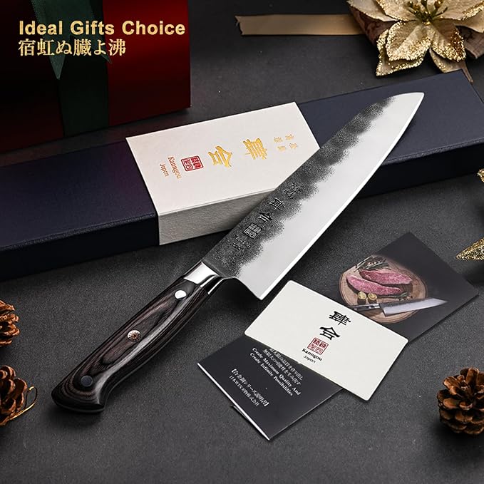 kanngou 7 Inch Santoku Knife, Black Forged Japanese Chef Knife with AUS-8 Alloy Steel, Japanese Santoku Knife with Full Tang Pakkawood Handle, Christmas Gift with Premium Box (7 Inch Santoku Knife)
