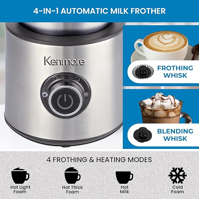 Kenmore Automatic Milk Frother & Steamer - Hot & Cold Foam Maker Electric Warmer Coffee, Latte, Cappuccino, Macchiato, Hot Chocolate Maker 16 oz (500mL) Capacity, Stainless Steel