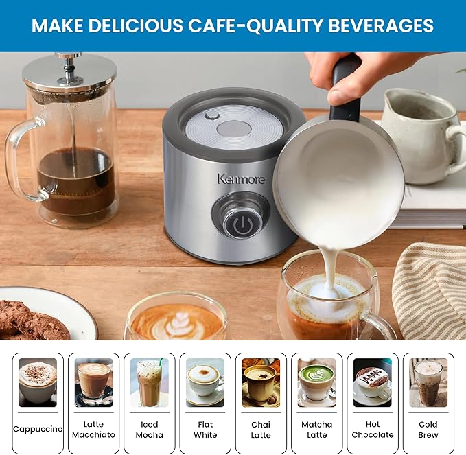Kenmore Automatic Milk Frother & Steamer - Hot & Cold Foam Maker Electric Warmer Coffee, Latte, Cappuccino, Macchiato, Hot Chocolate Maker 16 oz (500mL) Capacity, Stainless Steel