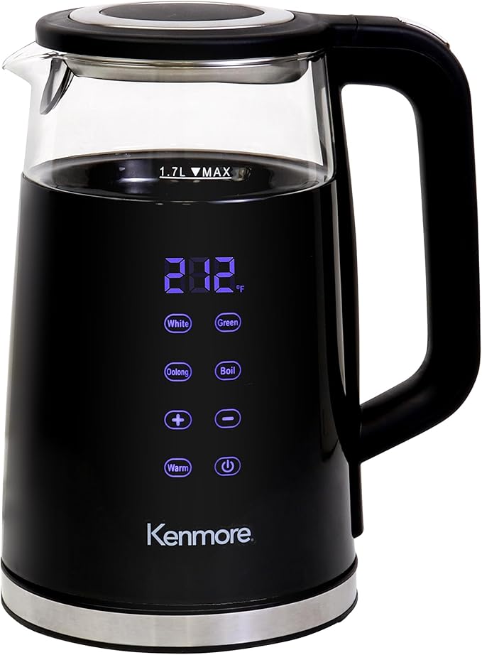 Kenmore Electric Kettle - 1.7 Liter Cordless Digital Chauffe-eau, Instant Pot Tea Kettle, Preset Temperature Control, Automatic Shut- Off, Cool Touch, Hot Water Boiling Heater, Black