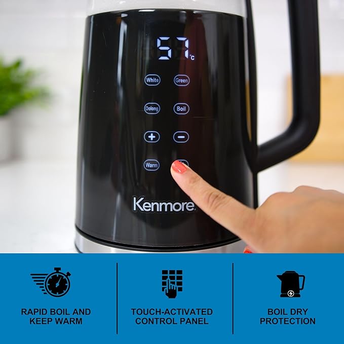 Kenmore Electric Kettle - 1.7 Liter Cordless Digital Chauffe-eau, Instant Pot Tea Kettle, Preset Temperature Control, Automatic Shut- Off, Cool Touch, Hot Water Boiling Heater, Black