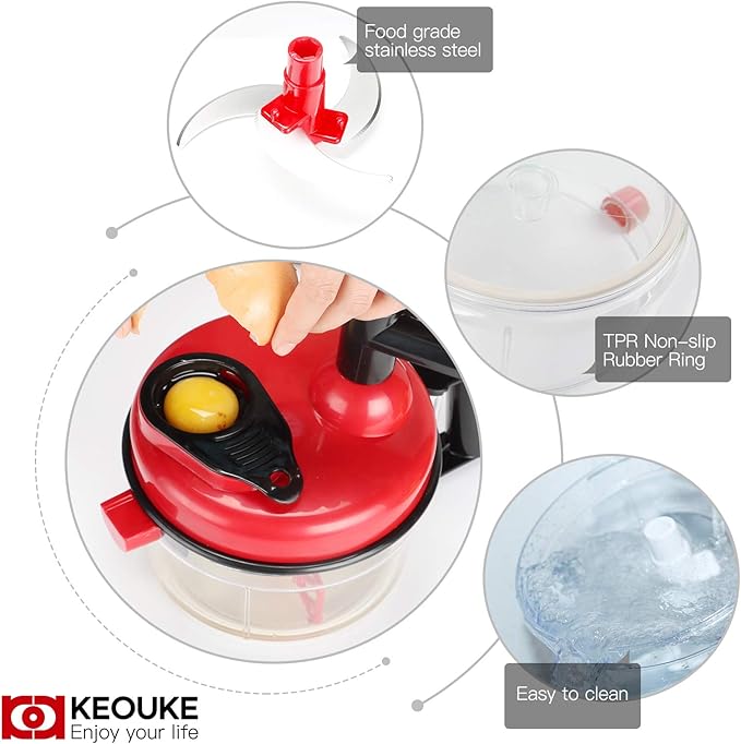 KEOUKE Hand Crank Food Chopper Red - Manual Food Processor with Egg Separator, Labor-Saving, Easy to Clean, Large Vegetable Mixer Blender for Onion, Garlic, Salad, Salsa, Nuts, Meat, Fruit, etc
