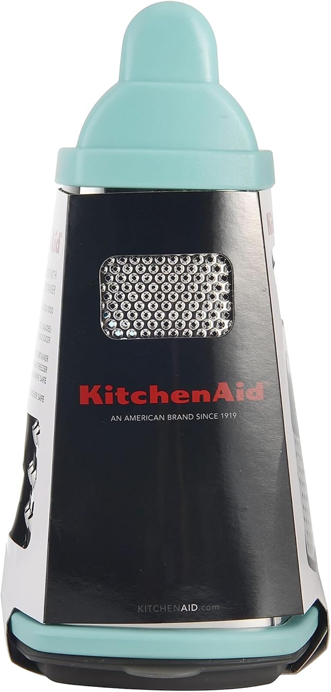 KitchenAid Gourmet 4-Sided Stainless Steel Box Grater for Fine, Medium and Coarse Grate, and Slicing, Detachable 3 Cup Storage Container and Measurment Markings, Dishwasher Safe, 10 inches tall, Aqua