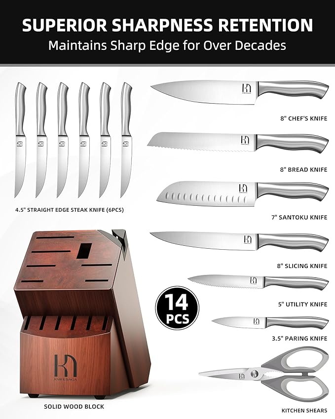 KnifeSaga 14 Pcs Kitchen Knife Set with Block and Sharpener, Professional