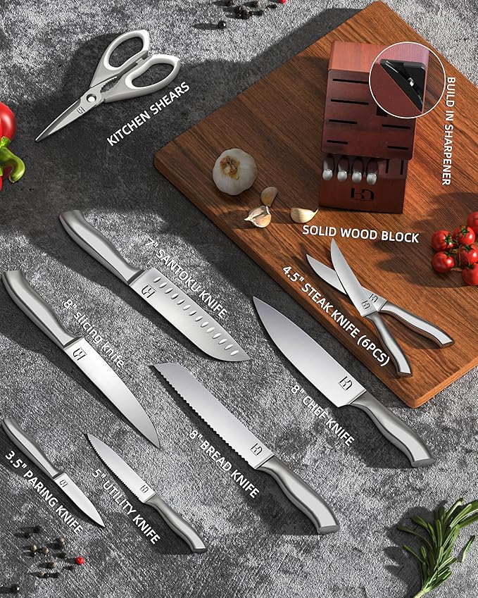 KnifeSaga 14 Pcs Kitchen Knife Set with Block and Sharpener, Professional