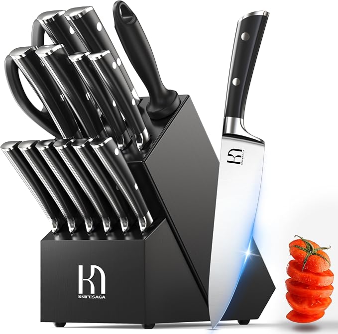 KnifeSaga 15-Pc Knife Block Set with Sharpener, Full-Tang, Razor-Sharp