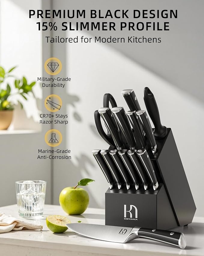 KnifeSaga 15-Pc Knife Block Set with Sharpener, Full-Tang, Razor-Sharp