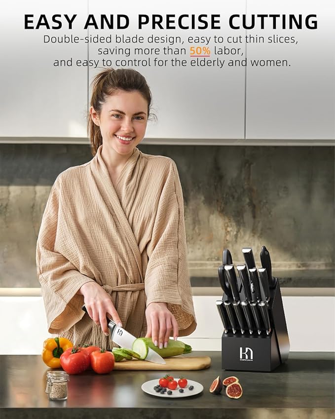 KnifeSaga 15-Pc Knife Block Set with Sharpener, Full-Tang, Razor-Sharp