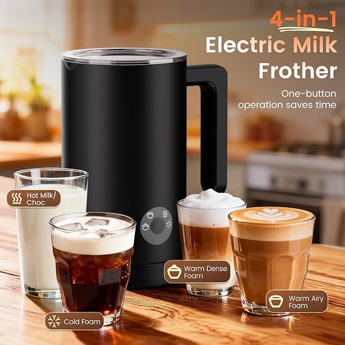 Kourice Milk Frother Electric, 4-in-1 Milk Frother and Steamer for Latte, Cappuccino, Hot & Cold Milk Froth Maker, Automatic Milk Steamer and Frother, Quiet One-Touch Operation, Easy to Clean