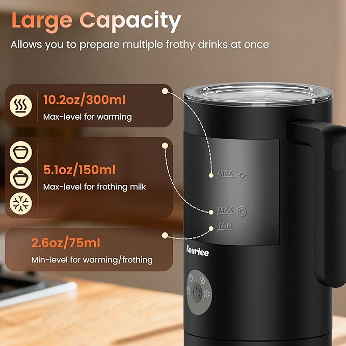 Kourice Milk Frother Electric, 4-in-1 Milk Frother and Steamer for Latte, Cappuccino, Hot & Cold Milk Froth Maker, Automatic Milk Steamer and Frother, Quiet One-Touch Operation, Easy to Clean