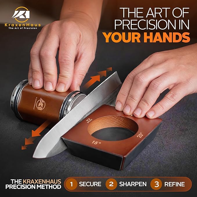 KraxenHaus Tumbler Rolling Knife Sharpener Kit – Magnetic Manual System with 4 Angles & Walnut Base Diamond & Ceramic Discs | Kitchen Knife Sharpening Tool | Interchangeable, Easy & Safe Design