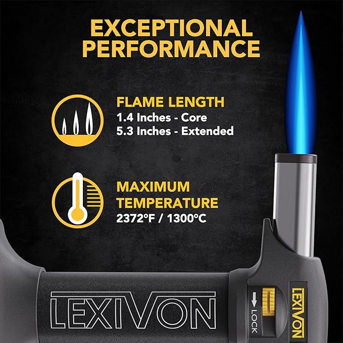 LEXIVON Butane Torch Lighter, Refillable Kitchen Cooking Torch | Self-Igniting with Safety Lock and Adjustable Flame | Pro-Grade Aluminum Tank (LX-775)