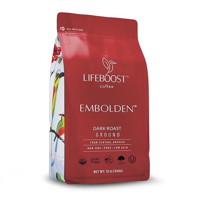 Lifeboost Dark Roast Low Acid Ground Coffee, Certified Organic, 12oz