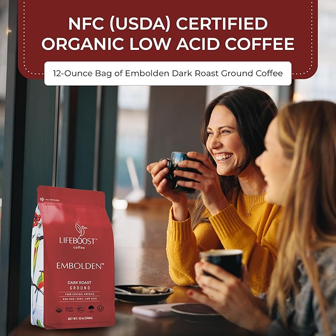 Lifeboost Dark Roast Low Acid Ground Coffee, Certified Organic, 12oz