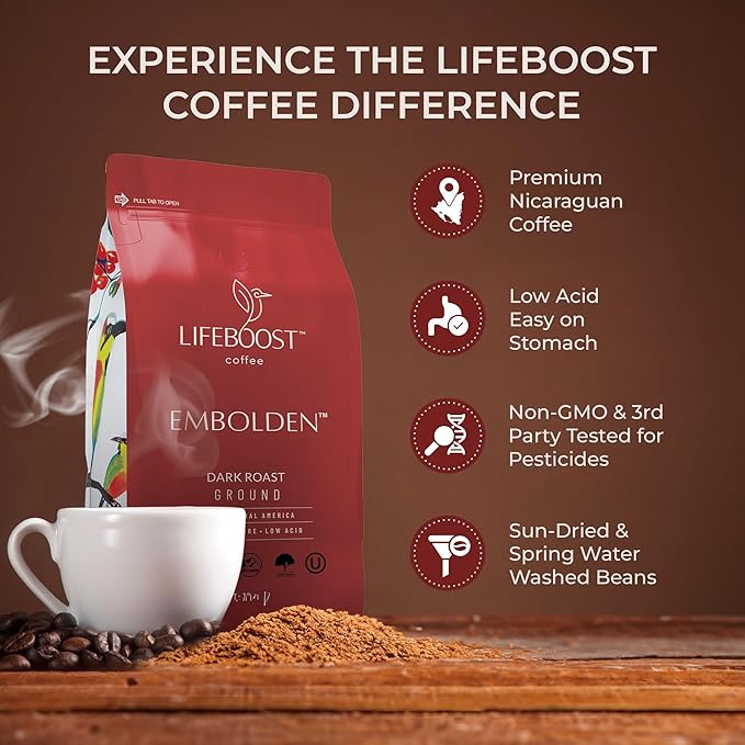 Lifeboost Dark Roast Low Acid Ground Coffee, Certified Organic, 12oz