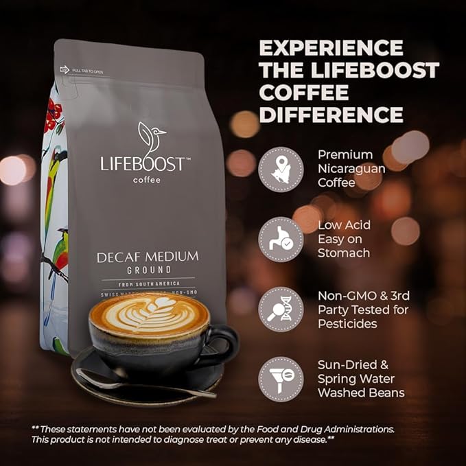 Lifeboost Decaf Ground Coffee, Swiss Water Process Low Acid Organic, 12oz