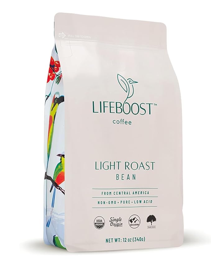 Lifeboost Light Roast Low Acid Coffee Beans, Certified Organic, 12oz
