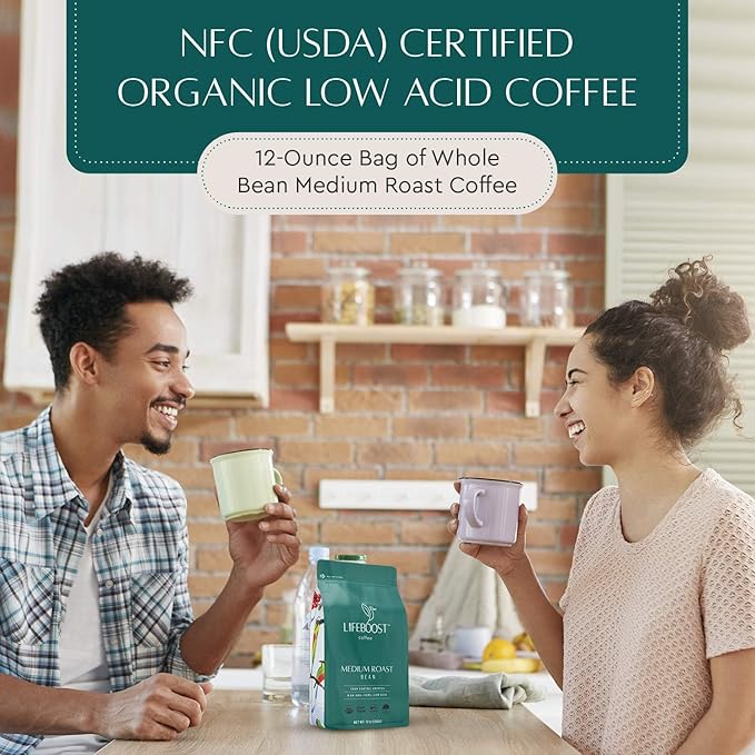 Lifeboost Medium Roast Low Acid Coffee Beans, Certified Organic, 12oz
