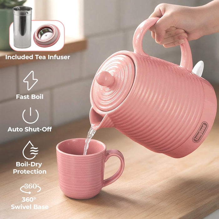 LONGSEED 1.2 Liters Ceramic Electric Kettle with Infuser & Mug Set, 1000W Fast Boil Water for Tea and Coffee, Teapot with Boil-Dry Protection and Auto Shut-Off, Detachable Swivel Base