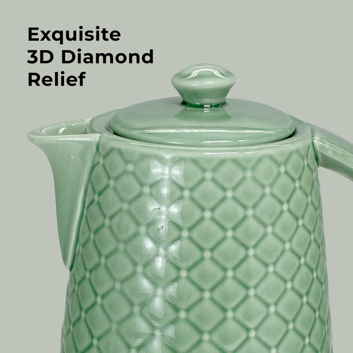 LONGSEED 1.5L Ceramic Electric Kettle, 1200W Fast Boil Retro Tea Pot with LED Light, BPA-Free Porcelain Cordless Water Boiler, Auto Shut-Off & Boil-Dry Protection, Green Relief Carving