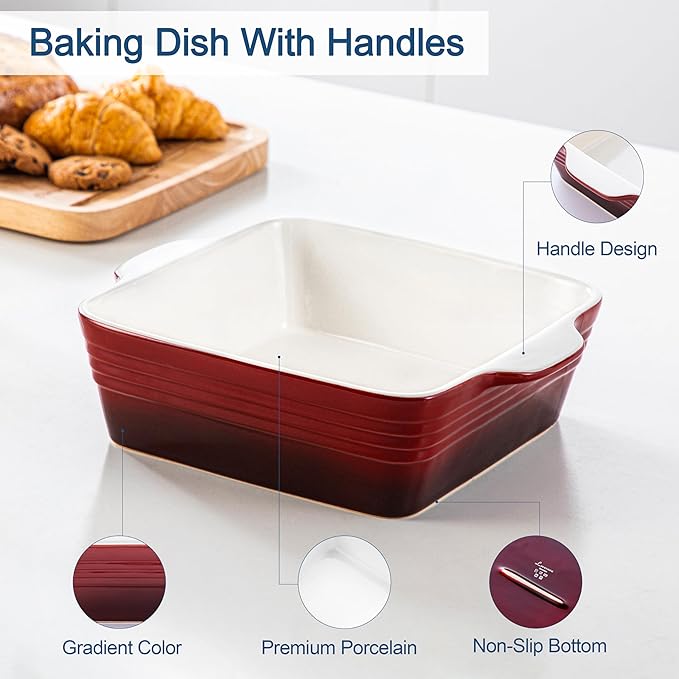 LOVECASA 8x8 inch Baking Pan, 2 Quart Square Cake Pan Baking Dish for Oven, Stoneware Brownie Pan Non-Stick, Casserole Baking Pan with Handle,Ceramic Bread Pans for Baking, Red