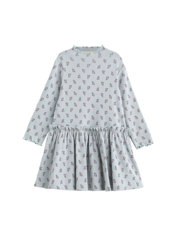 Mabel & Honey Petite Petal Ribbed Dress-Blue Multi