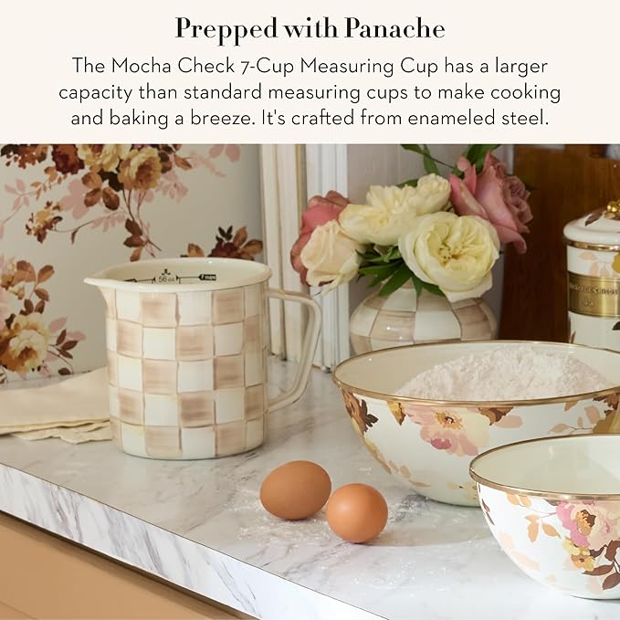 MACKENZIE-CHILDS Enamel Measuring Cup, Brown-and-White Mocha Check