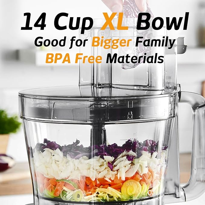 Magiccos 14-Cup Aluminum-Diecast Food-Processor - XL Bowl, Large Chute, 800W Motor & Silver Die-Cast Base, Slicing & Shredding, Chopping & Mixing, For Fries, Cheese, Meat & Veggie Prep, For Home Use