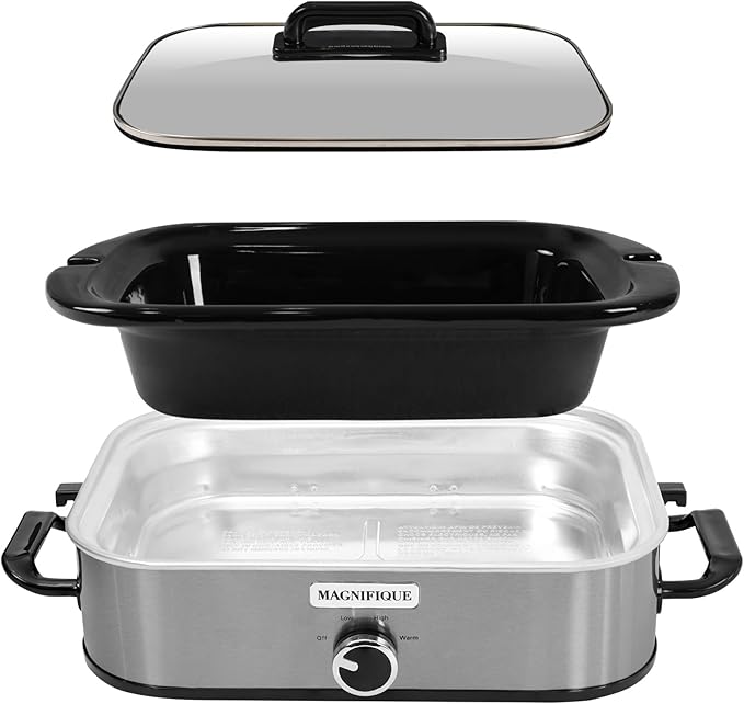 Magnifique 4-Quart Slow Cooker with Casserole Manual Warm Setting - Perfect Kitchen Small Appliance for Family Dinners, Dishwasher Safe Crock, Stainless Steel