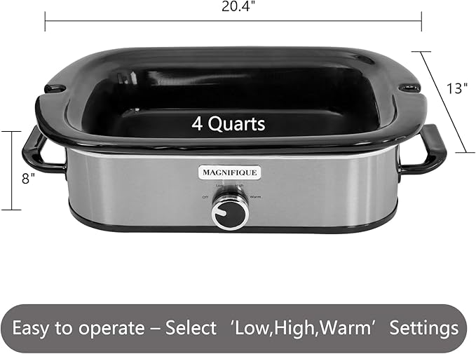 Magnifique 4-Quart Slow Cooker with Casserole Manual Warm Setting - Perfect Kitchen Small Appliance for Family Dinners, Dishwasher Safe Crock, Stainless Steel