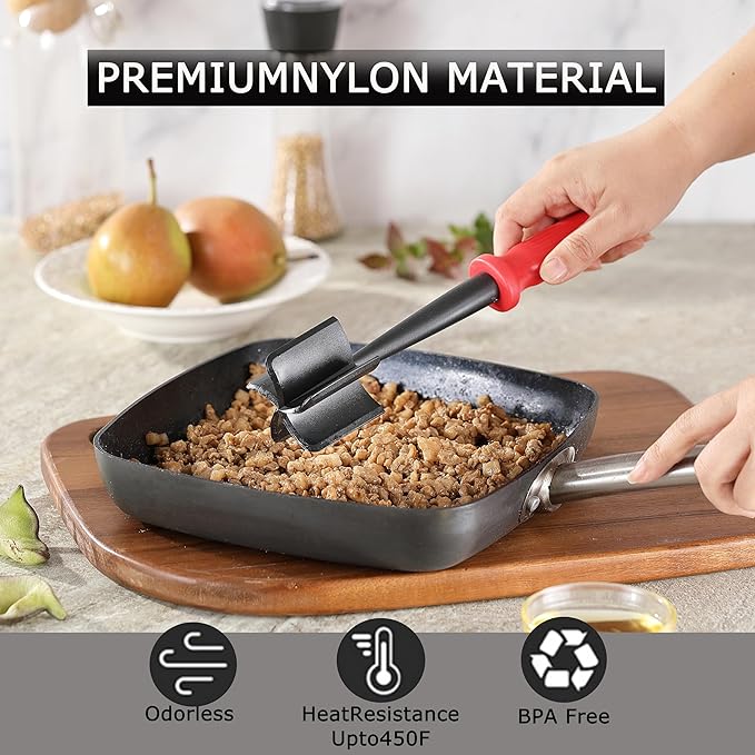 Meat Chopper, MONGSEW Heat Resistant Masher and Smasher for Meat and Hamburger, Ground Beef Smasher, Nylon Meat Spatula Chopper, Mix and Chop Kitchen Tool (Unique Double Colors)