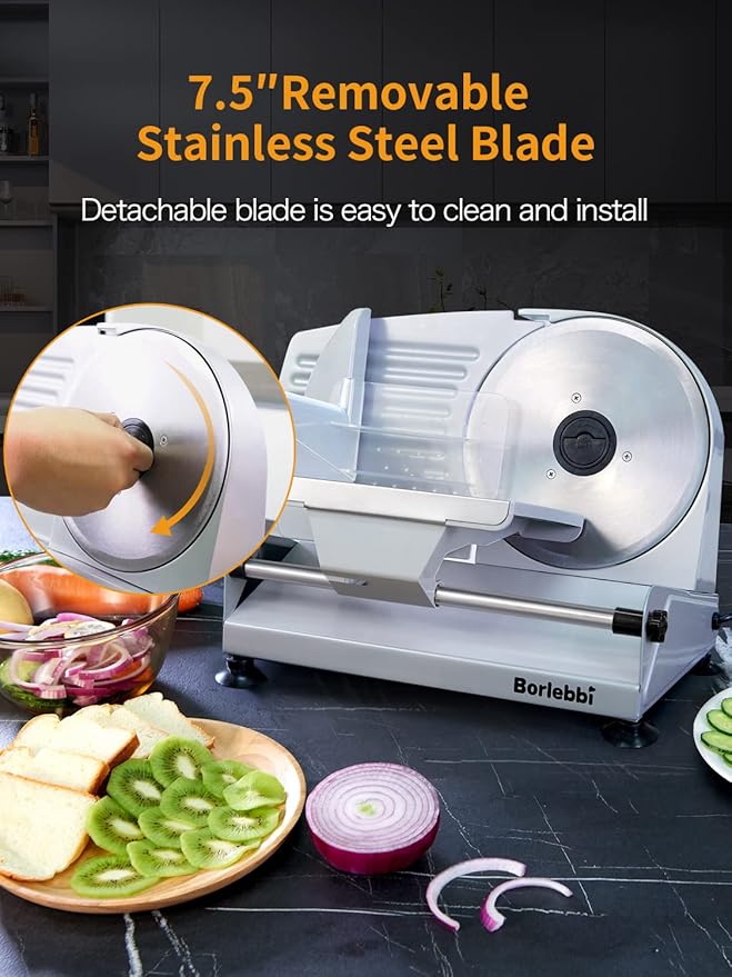 Meat Slicer, 200W Electric Food Slicer with 2 Removable 7.5" Blades