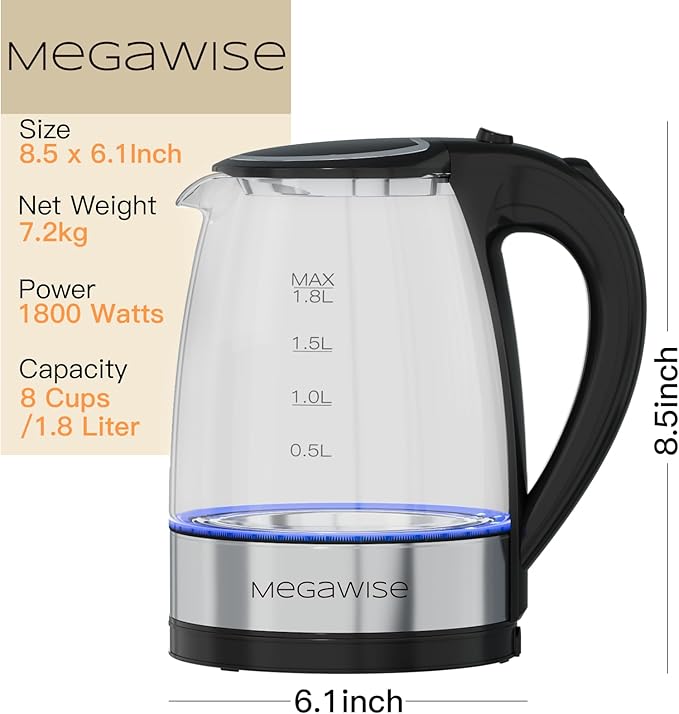MEGAWISE 1.8L Glass Electric Kettle, Auto Shut-Off, Boil-Dry Protection