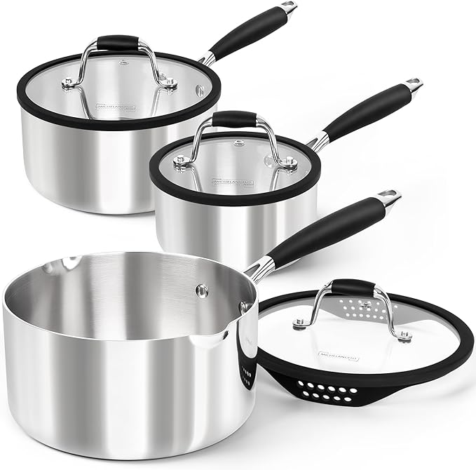 MICHELANGELO Triply Stainless Steel Saucepan Set with Strainer Lid, Heavy-duty Sauce Pan with Lid, Multipurpose Sauce Pot Induction Compatible - 1QT & 2QT & 3QT
