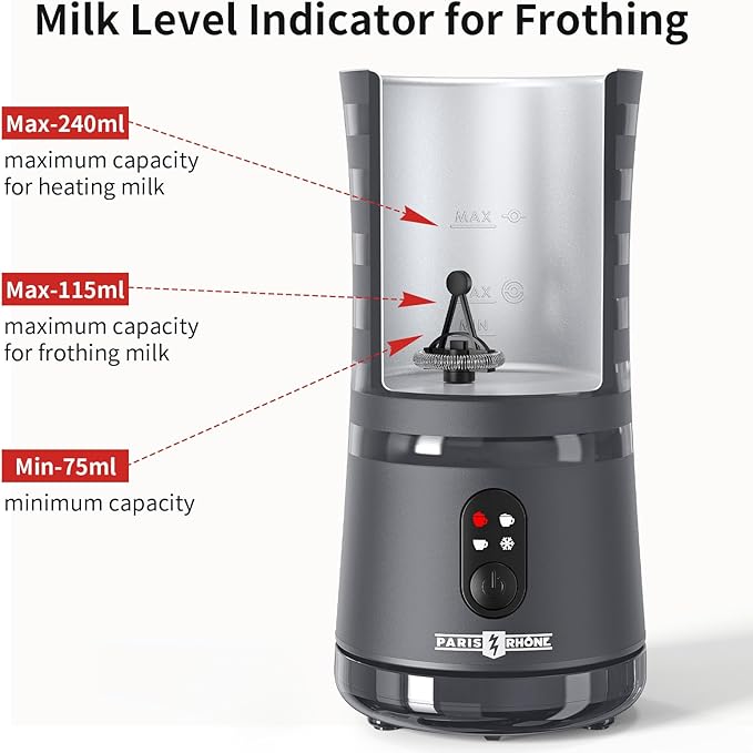 Milk Frother, Paris Rhône 4-in-1 Milk Steamer and Frother, Hot & Cold Foam Milk Warmer with Temperature Control, Auto Shut-Off Frothers for Coffee, Latte, Cappuccino, Macchiato