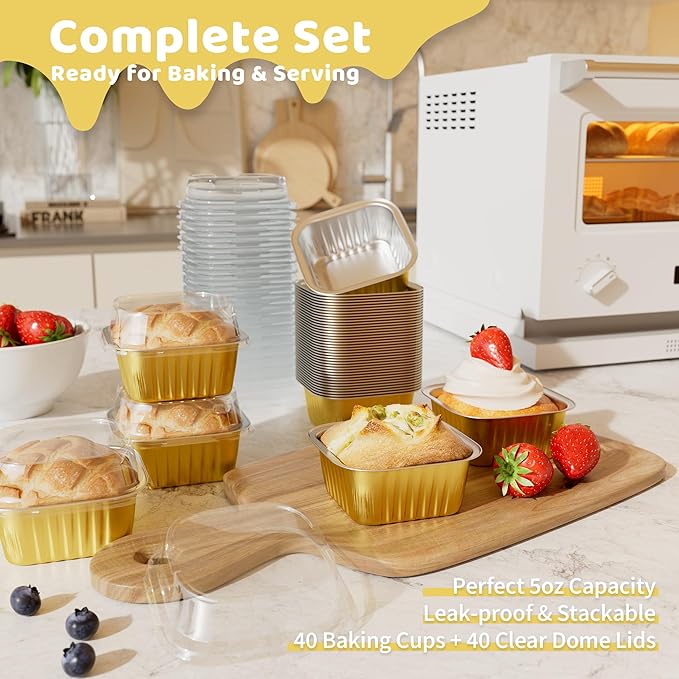 Mini Cake Pans with Lids, Aluminum Foil Cupcake Baking Cups, 5 oz 40 Pack
