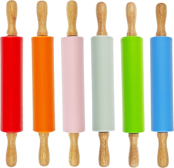 Miokun 6 Pack Small Rolling Pin for Kids, Kids Rolling Pin for Home Kitchen (6 colors) (12 Inch)