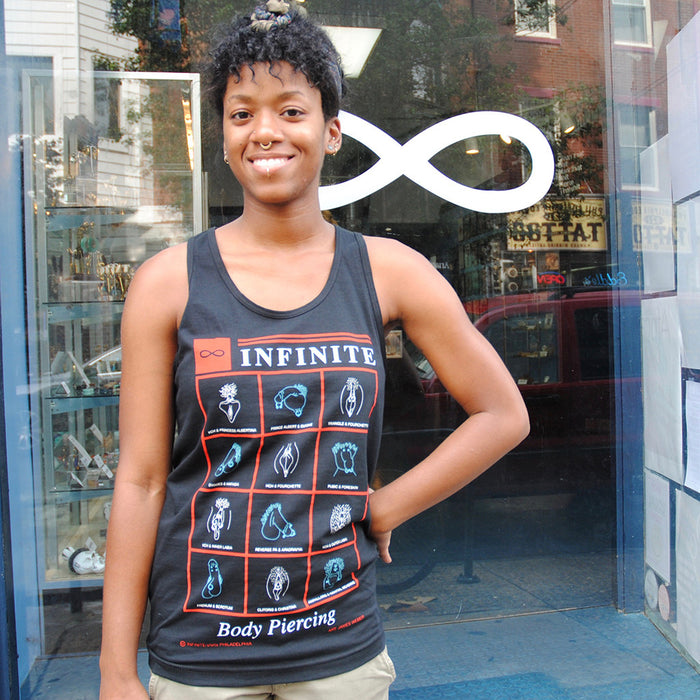 Model wearing "Modern Primitives" Infinite Body Piercing black Tank Top