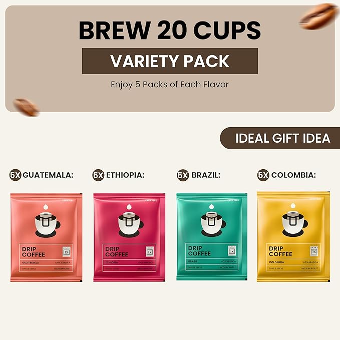 Mondo Drip Coffee Mix (20 Pack) USDA Organic - Variety Pack, Single Serve, Pour Over Pouch Bags, Pre-Filled 100% Arabica, Medium Roast