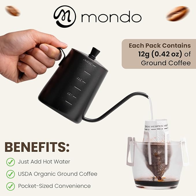 Mondo Drip Coffee Mix (20 Pack) USDA Organic - Variety Pack, Single Serve, Pour Over Pouch Bags, Pre-Filled 100% Arabica, Medium Roast