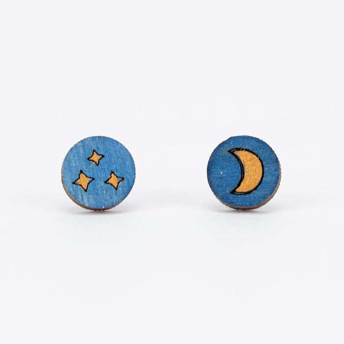 Moon and Stars Asymmetric Wooden Stud Earrings front
