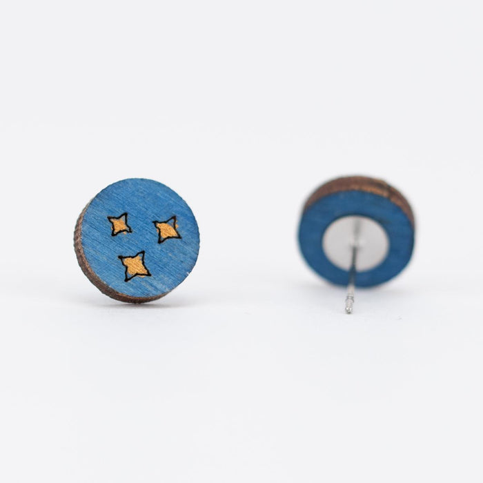 Moon and Stars Asymmetric Wooden Stud Earrings front and back