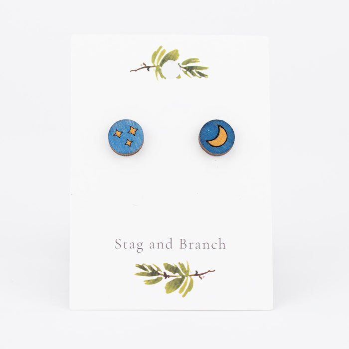 Moon and Stars Asymmetric Wooden Stud Earrings on card
