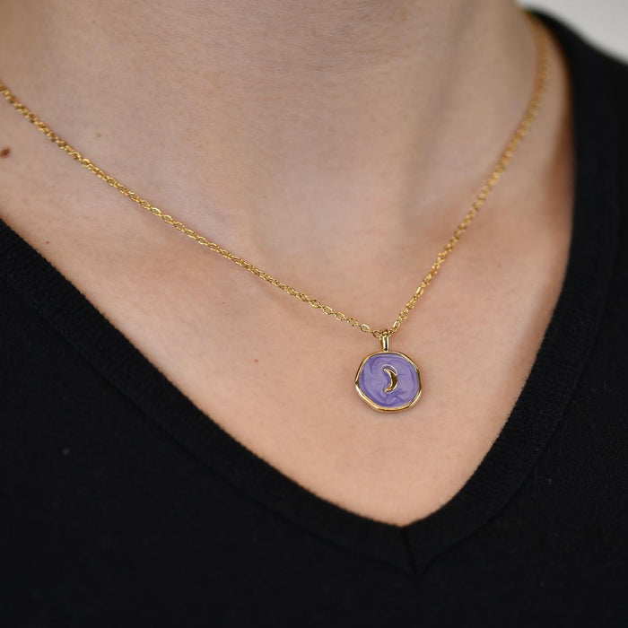 Moon On Purple Disk Necklace on model