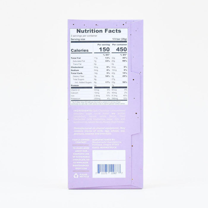Moonstruck Dark Chocolate Blueberry Passion Fruit Bar nutrition facts