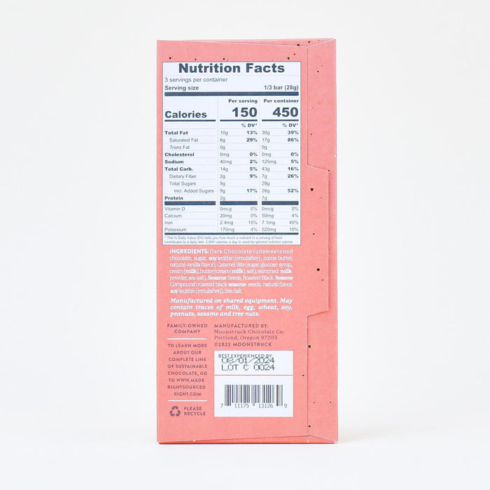 Moonstruck Dark Chocolate Sesame Caramel Bar nutrition facts