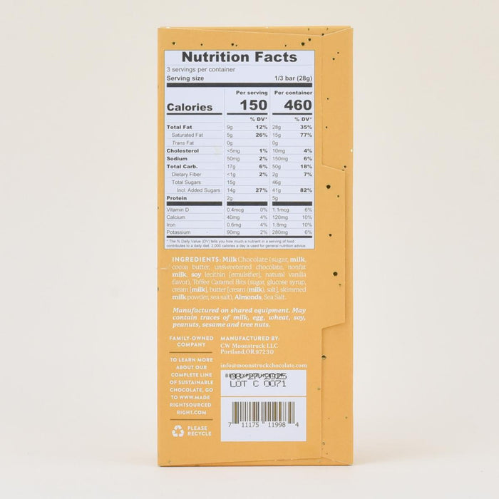 Moonstruck Milk Chocolate Salted Toffee Bar nutrition facts
