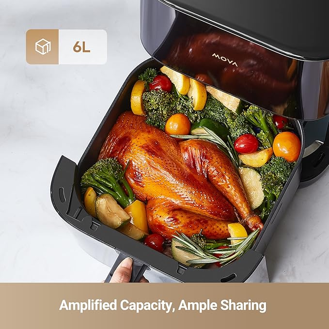 Mova FD10Pro Air Fryer, 6.3QT Large Digital Airfryer with Visible Window, 11 Preset Cooking Modes, Dual Heating System 122-450°F Precise Heat for Even Results, Non-Stick Baskets